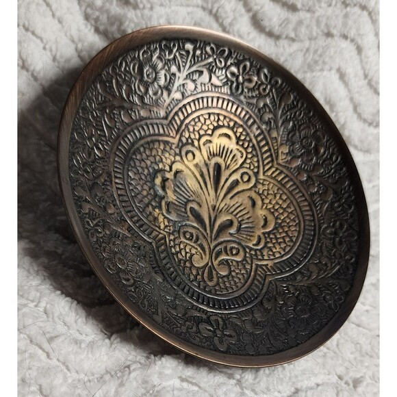 BEAUTIFUL Vintage 3pc BRONZE AntiqueBrass ETCHED 5"TrinketBox Lid 4"Saucer INDIA - Picture 12 of 16